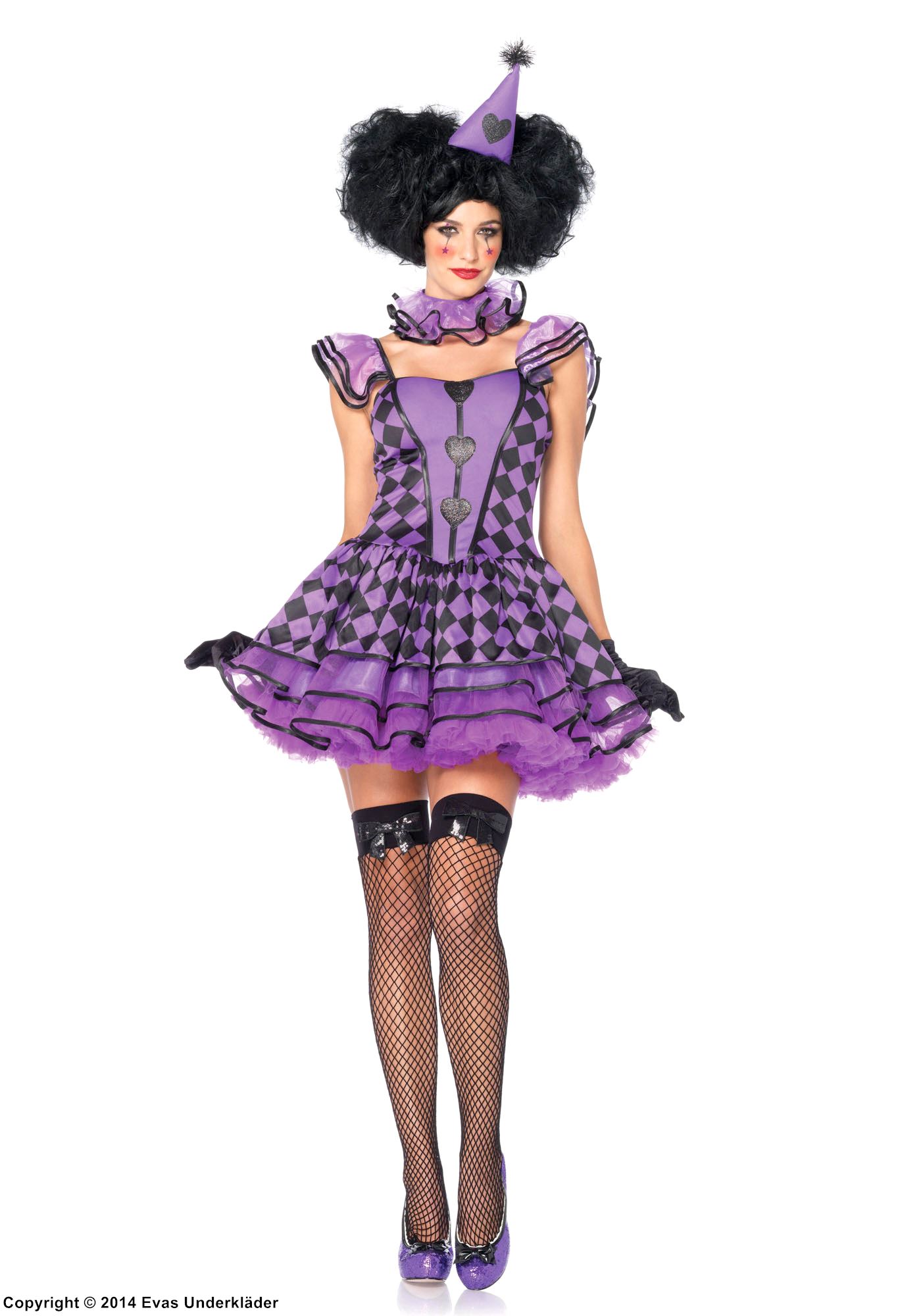 Clown, costume dress, ruffles, hearts, checkered pattern